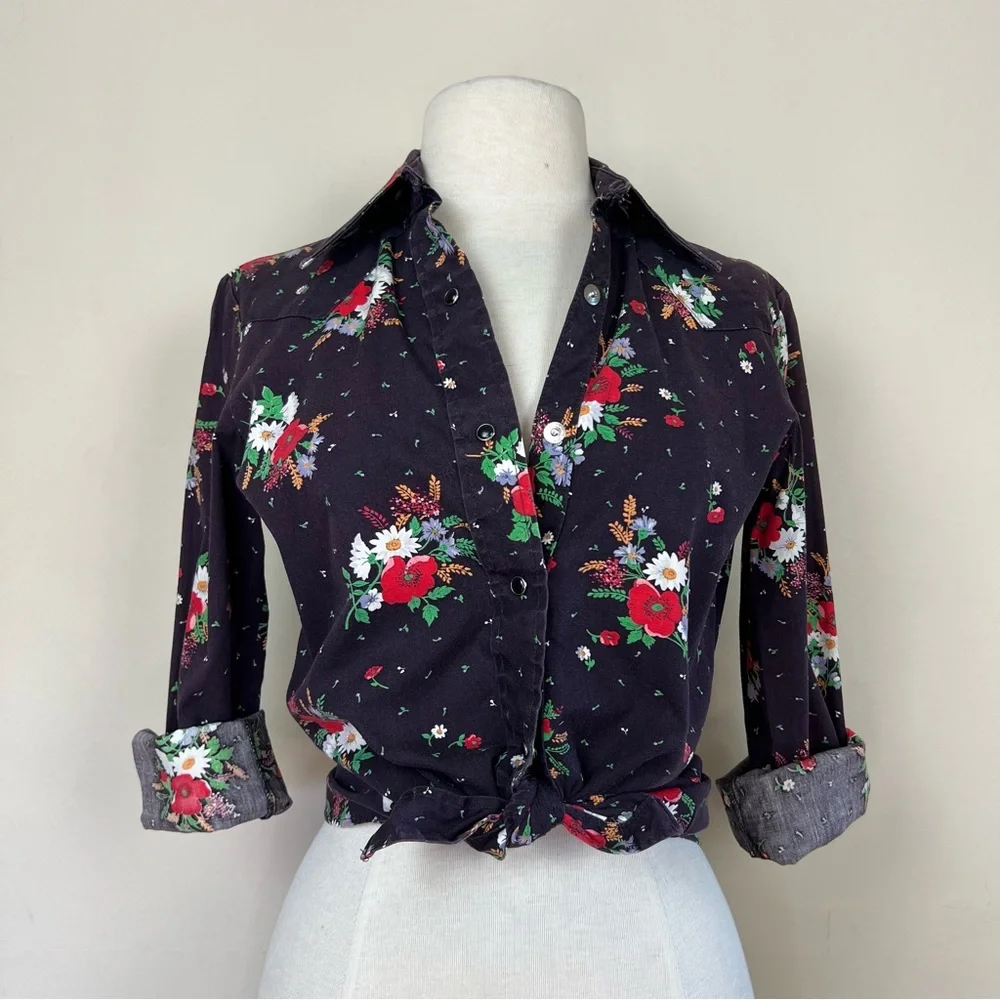 vintage 1950s western shirt black pearl snaps floral print dagger collar hippie - Picture 10 of 14